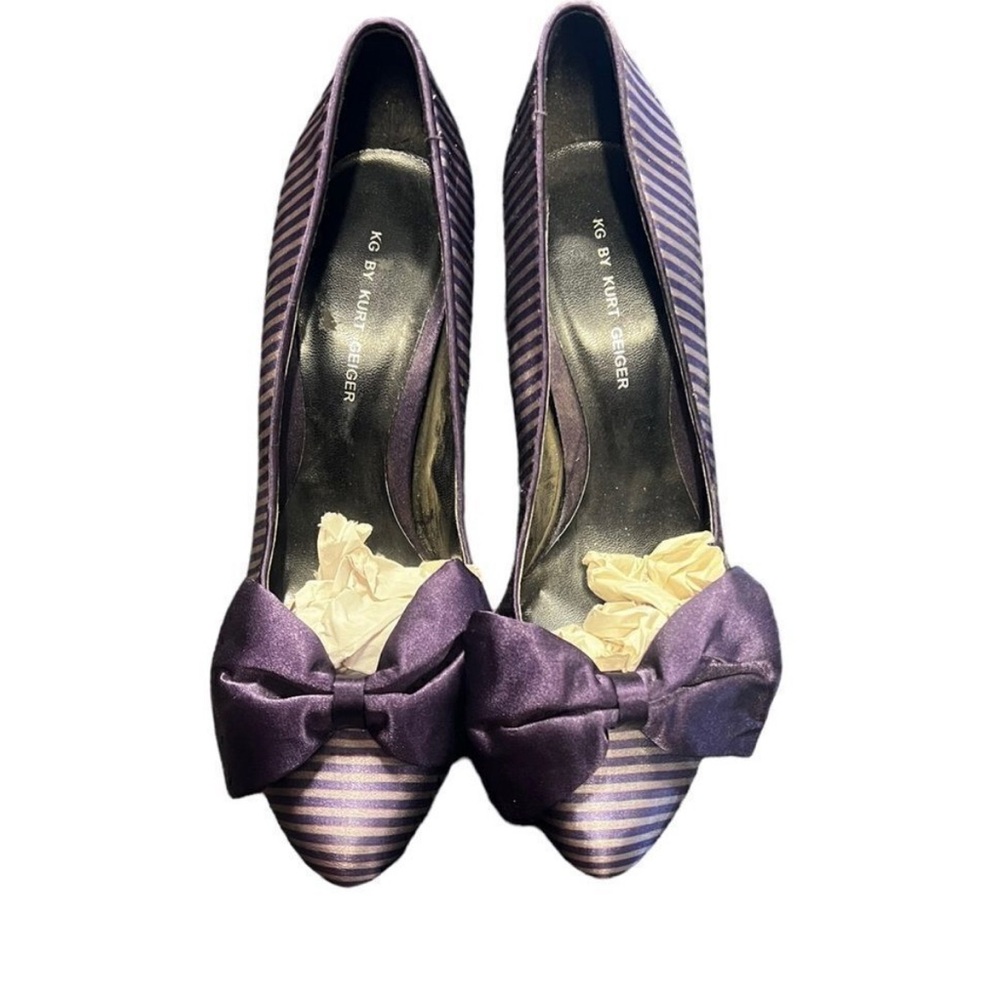 KG by Kurt Geiger Women’s Dancer Platform Heel purple stripe satin with bow